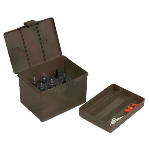 Plano Archery Accessory Box Green Large, a large green storage box with a lid containing arrow tips and archery tools, and an accompanying smaller compartment for additional archery accessories.