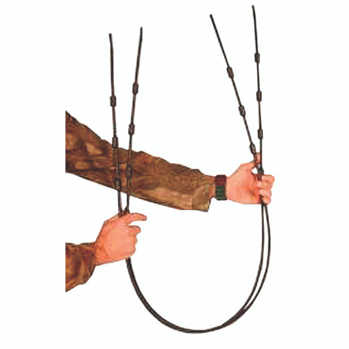 Summit Replacement Cables 1 Pr., two black replacement cables held by a person wearing a camouflage shirt.
