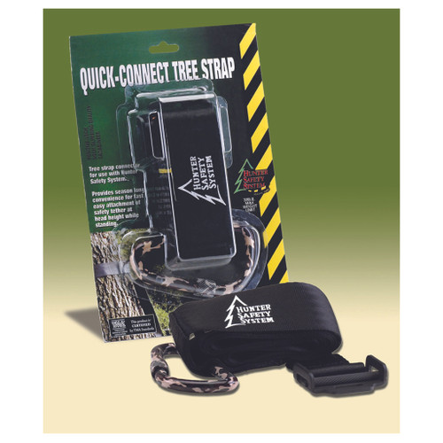 Hunter Safety System Quick Connect Strap, product image showing a black strap with a camouflage connector and buckle.