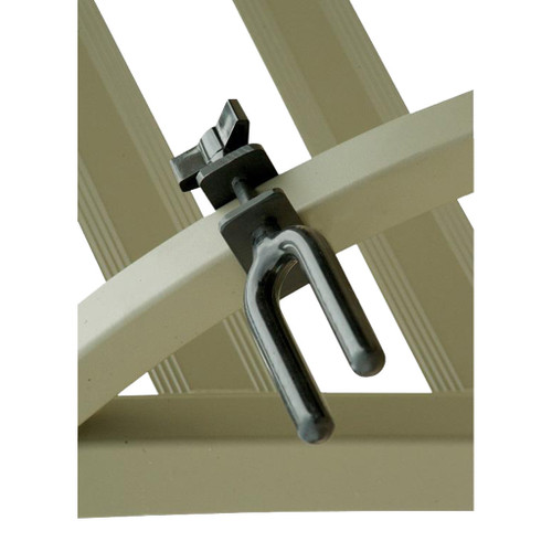 Summit Universal Bow Holder, close-up view of the black metal bow holder mounted on a wooden structure with a U-shape design.