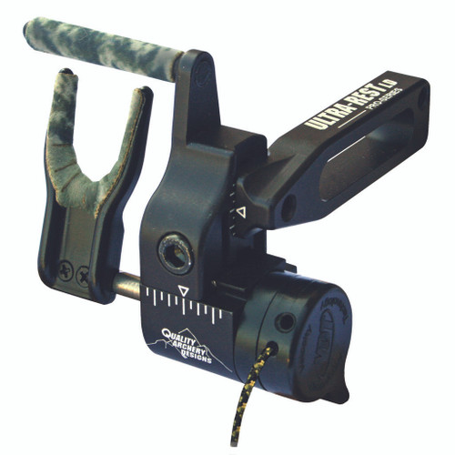 Qad Ultrarest LD Black LH, archery bow rest with padded supports and adjustable mounting mechanism.