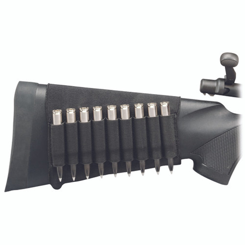 Hunters Specialties Butt Stock Shell Holder Rifle, black fabric shell holder attached to a rifle butt stock with bullets stored in individual slots.