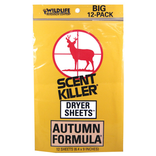 Wildlife Research Scent Killer Dryer Sheets Autumn 12 Pk, yellow package with a red deer logo and product details.