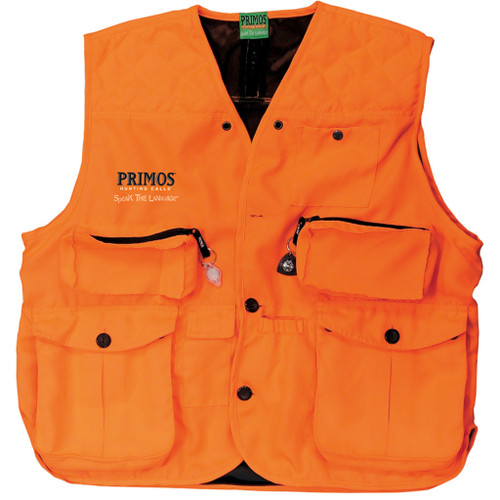 Primos Gunhunters Vest Blaze Orange 2x-large, bright orange hunting vest with multiple pockets and zippers for outdoor hunting.