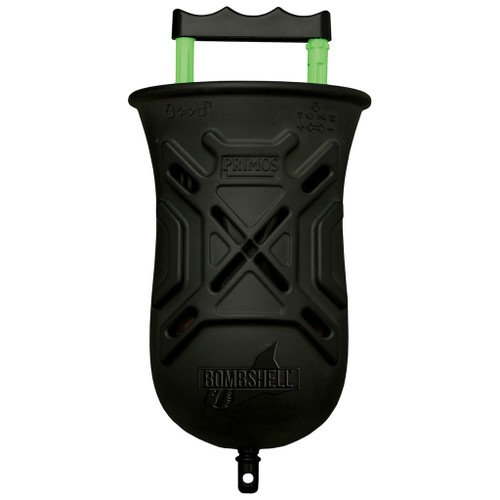 Primos Bombshell Turkey Call, black and green handheld turkey hunting call with a textured surface for easy grip.