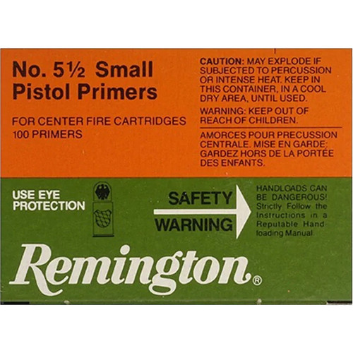 Remington Small Pistol Primers No. 5.5 1000 Pk., orange and green retail packaging with safety warnings and instructions.