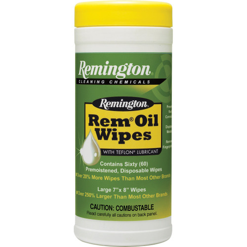 Remington Rem Oil 60 Ct. Pop Top Canister Wipes, green and yellow container with wipes inside for cleaning and lubricating firearms.