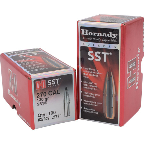 Hornady SST Bullets, packaging of .27 caliber, 130 grain, 100 count box of hunting bullets.