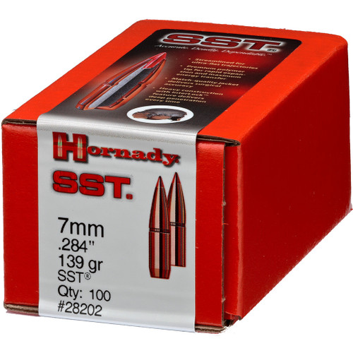 Hornady SST Bullets 7 Mm. .284 In. 139 Gr. 100 Pk, box of rifle hunting bullets for .284 caliber with streamlined design and premium materials.