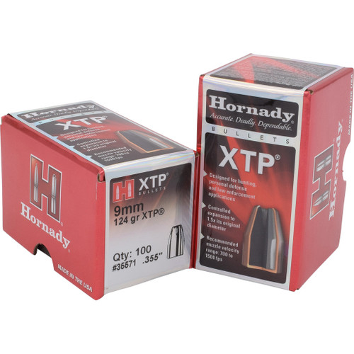 Hornady HP/XTP Bullets 9 Mm, red and black boxes of 100 bullets each with product details.