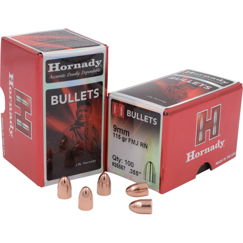 Hornady FMJ Round Nose Bullets 9 Mm, copper-colored bullets with round nose shape displayed with packaging.