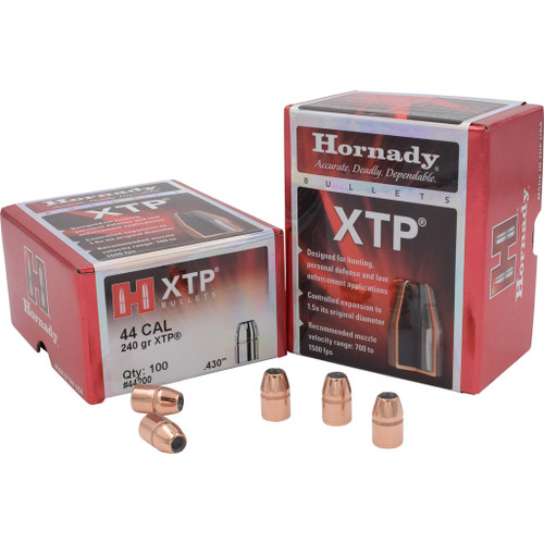Hornady XTP Traditional Pistol Bullets 44 Caliber 240 Gr. Hollow Point 100 Rd., image of boxes of bullets with four bullets placed in front, designed for hunting, personal defense, and law enforcement.