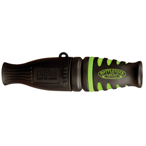 Primos Bottle Neck Grunt Call, portable hunting deer call with a black and green rubberized grip for realistic grunt sounds.