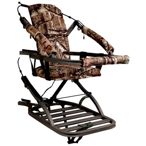 Summit Viper Sd Climber, camouflage pattern hunting climbing chair with sturdy metal frame and built-in footrest for outdoor sports and hunting activities.