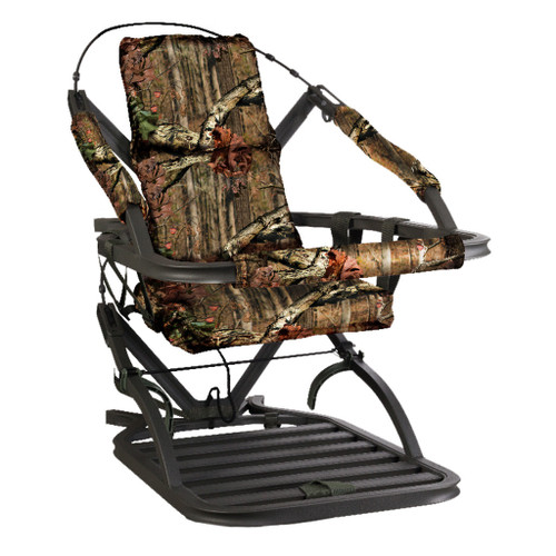 Summit Titan Sd Climber, camouflage-patterned portable tree stand with padded seat and armrests for hunting.