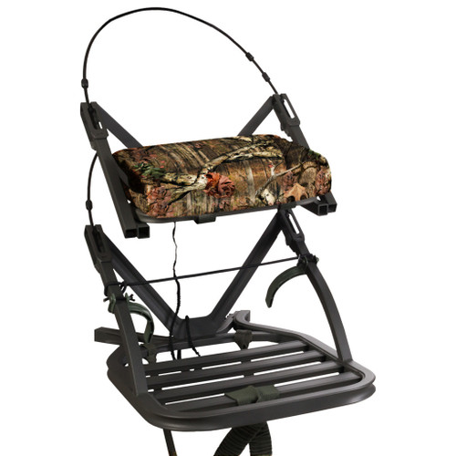 Summit Open Shot SD Climber, outdoor hunting blind chair with camouflage padded seat and black frame.