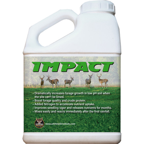 Whitetail Institute Impact Soil Amendment 4.25 Lbs, white plastic jug with a handle and screw cap, featuring a label with images of deer in a green field and product description.
