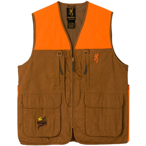 Browning Pheasant Forever Vest No Embroidery Med, orange and brown hunting vest with multiple pockets and front zipper closure.