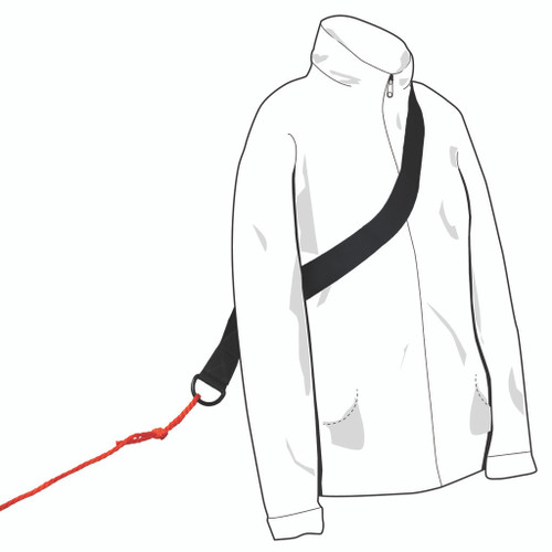 Muddy Outdoors Muddy Standard Deer Drag, illustration of a white jacket with a black strap and orange rope for deer dragging.