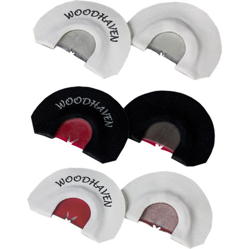 Woodhaven Wasp Nest Turkey Call 3 Pack, image showing three sets of turkey calls in white, black, and white with different designs.