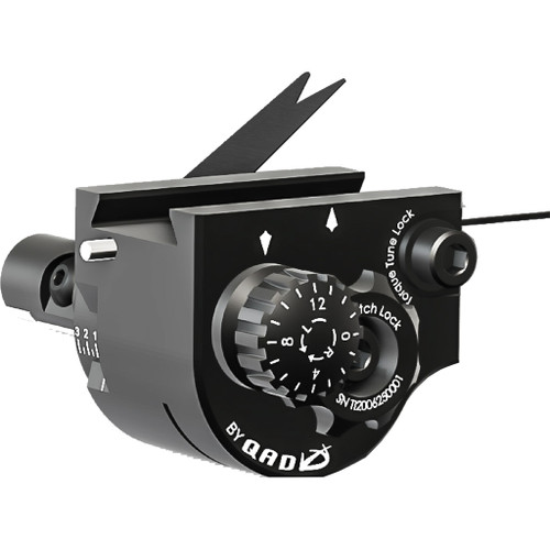 Qad Ultrarest Tri Switchit Housing Black Rh, a mechanical device component with adjustable knobs and levers for tuning and lock mechanisms.