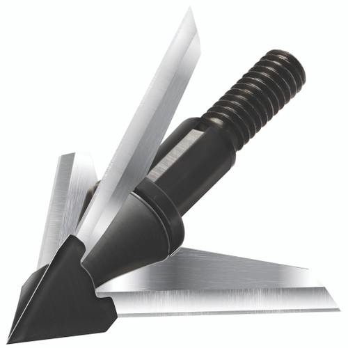 Qad Exodus Broadheads Swept Blade 100 Gr. 3 Pk., close-up of a broadhead with sharp, swept blades and a black mounting shaft.