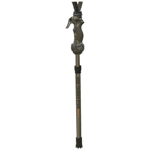 Primos Trigger Stick Gen 3 Dark Earth 21-30 In. Monopod, adjustable hunting monopod with camouflage pattern and ergonomic grip.
