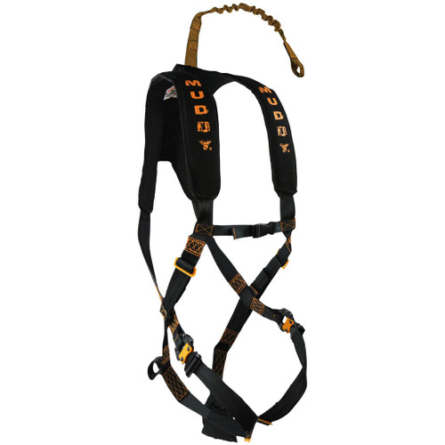 Muddy Outdoors Muddy Diamondback Harness, black and orange adjustable hunting and outdoor safety harness on white background.