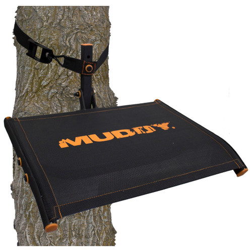 Muddy Outdoors Muddy Ultra Tree Seat, Portable tree-mounted hunting seat with a durable black and orange design attached to a tree for comfortable outdoor hunting seating.
