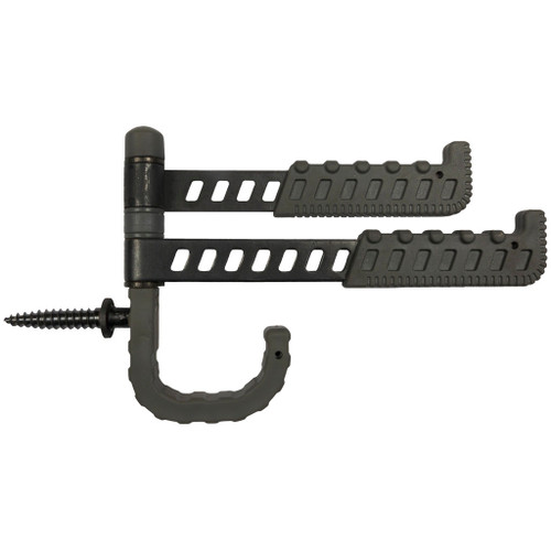 Hawk Treestands Hawk Tactical Trio Hybrid Tree Hook, a black adjustable tree hook with two rubberized hooks and a screw for securing to a tree.