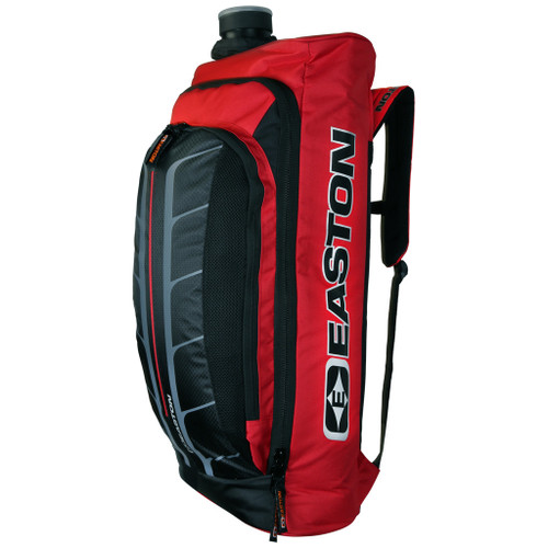 Easton Club Xt Recurve Backpack Red, sportbow carrying bag in red color with black and gray accents, featuring multiple compartments and adjustable straps for archery equipment.