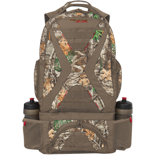 Fieldline Big Game Backpack Realtree Edge, camouflage hunting backpack with multiple compartments and water bottle holders.