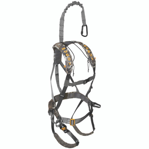 Muddy Outdoors Muddy Ambush Harness, camouflage hunting harness with adjustable straps and safety clip for secure fitting.