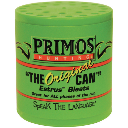 Primos The Can Call Original Estrus Bleat, green cylindrical hunting call container with black and red text displaying product details.