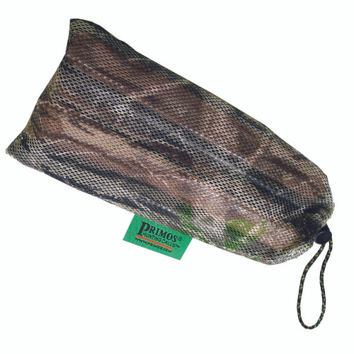 Primos Big Bucks Bag, camouflage printed storage bag with drawstring closure and green label.