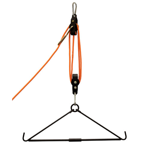 Muddy Outdoors Muddy Magnum Lift System, hunting tree stand accessory with orange strap and metal hooks.