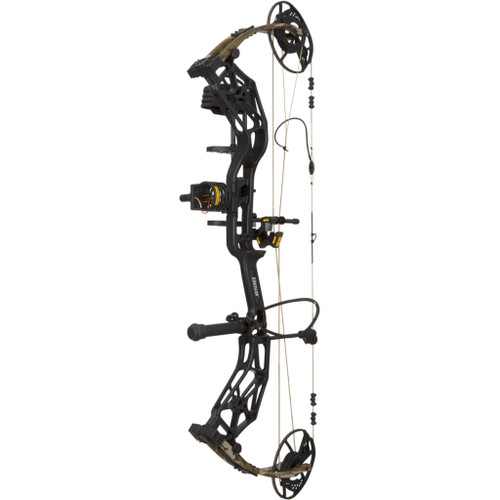 Bear Alaskan Xt Rth Package Black/bottomland 60 Lbs. RH, modern compound bow with camouflage design, adjustable reel system, and riser for hunting or archery sports.