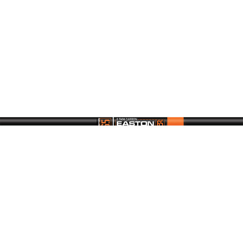 Easton 6.5 Bowhunter Shafts 500, image showing a close-up of a black and orange carbon arrow shaft with branding and specifications printed on it.