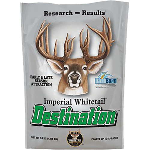 Whitetail Institute Destination Seed 9 lbs, seed packet with a deer illustration and research results for early and late season attraction.