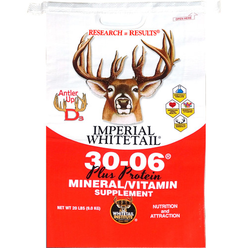 Whitetail Institute 30-06 Mineral And Protein 20 Lbs., product packaging featuring a deer with large antlers and colorful icons highlighting scientific formulation, health benefits, essential vitamins and minerals.