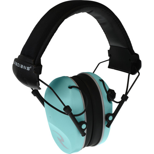 Radians R3200 Dual Mic Electronic Earmuff Aqua/Grey, headphones with dual microphones and adjustable headband for hearing protection and communication.