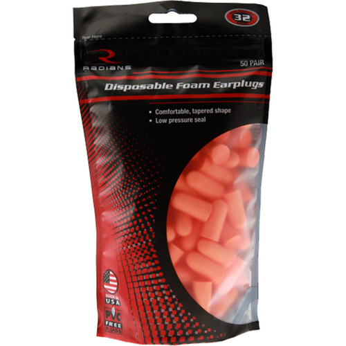Radians Resistor 32 Foam Ear Plugs Uncorded Orange 50 Pr. Bag, package with orange foam ear plugs arranged inside a clear plastic window