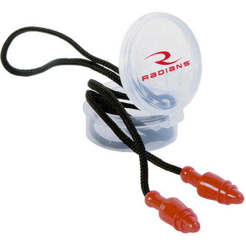 Radians Snug Plugs Reusable Corded Earplugs, clear plastic case with black cord and orange tips for noise reduction.