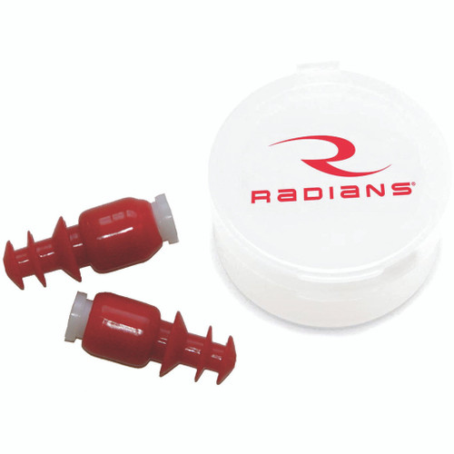 Radians Cease Fire Baffle Style Earplugs, a pair of red earplugs with a baffle design, shown next to a white container with the Radians logo in red.
