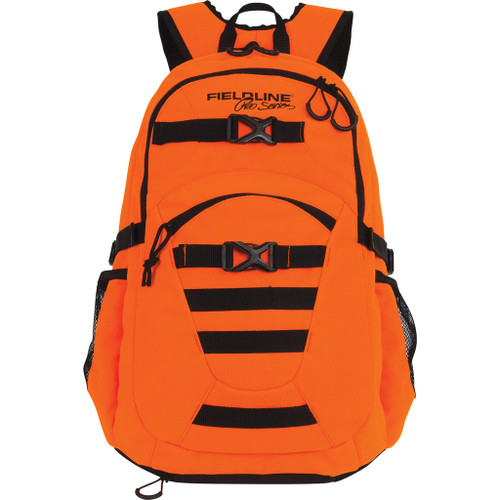 Fieldline Prescott Day Pack Blaze, bright orange hiking and outdoor backpack with multiple compartments and black adjustable straps.
