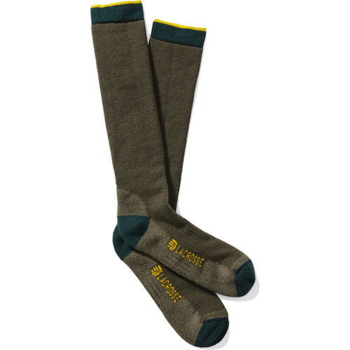 Lacrosse Men's Merino Midweight Socks Over Calf Green X-large, pair of green over calf merino wool socks with dark teal heel and toe sections, and yellow accents at the top and on the Lacrosse brand logo.