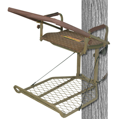 Trophy Treestands Jackal Treestand, portable hunting treestand with foldable seat, camouflage design, and safety features.