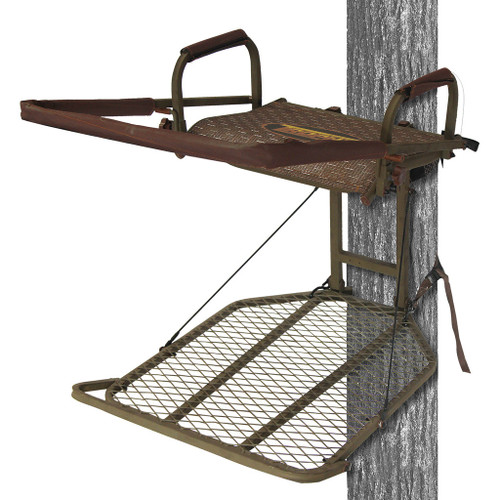 Trophy Treestands Explorer Treestand, a portable hunting treestand with a foldable ladder and platform, mounted on a tree trunk.
