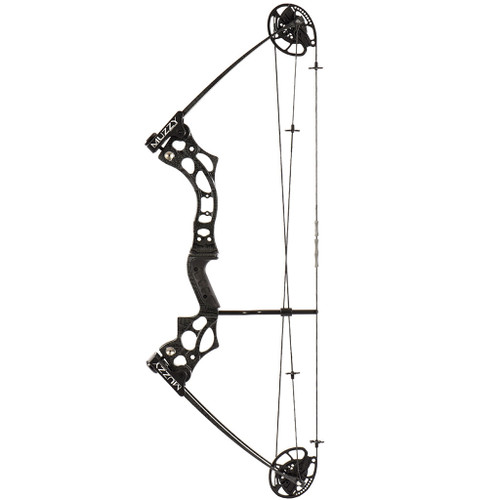 Muzzy V2 Bowfishing Bow Rh, black compound bow with a riser and wheel system for bowfishing.