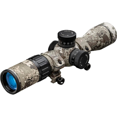 Tenpoint Evo-x Marksman Elite Scope 3.0 Turret Adjustment Veil Alpine, camouflage-patterned rifle scope with multiple adjustment dials and a blue-tinted lens.